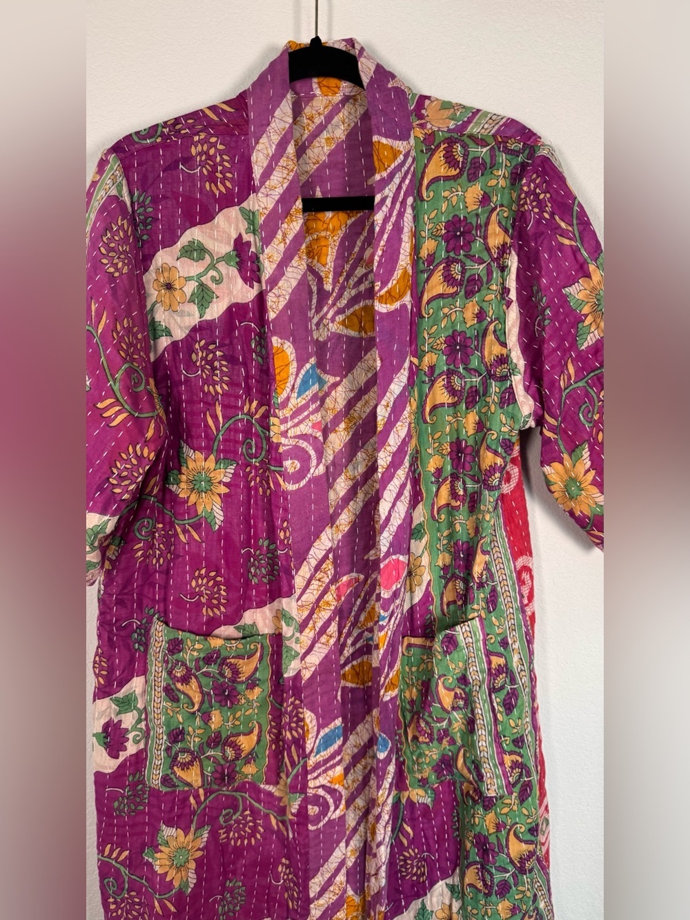 One of a Kind Reversible Purple Kantha Kimono 1 Size Handmade Boho Jacket Duster
